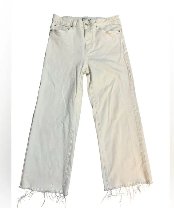 ZARA White Wide Leg High Rise Jeans w/ Raw Hem Sz 10 Y2K Street-style Minimalist - Image 2