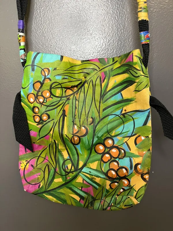 Linda Rovolis Crossbody Bag Womens Small Multicolor Canvas Tropical Hand Painted - Image 4