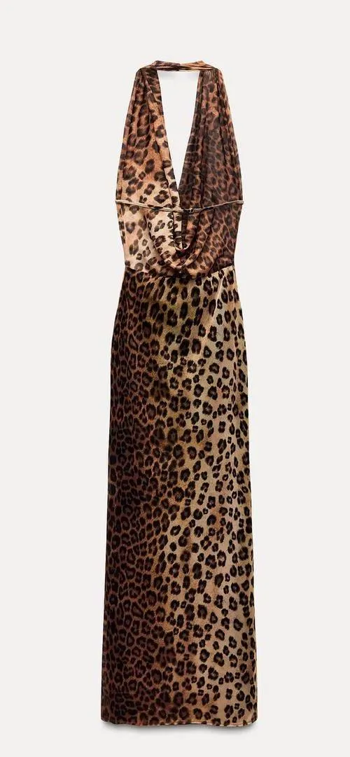 Zara Maxi plunge neck halter Dress Mesh Cheetah Animal print bodycon - Image 15