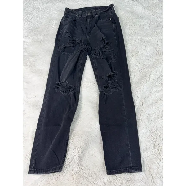 American Eagle Black Distressed Jeans 00 Short Slim Skinny Denim Y2K - Image 2