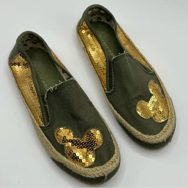 Mickey Mouse Sz 7 Slip On Shoes Green Gold Sequins Espadrille Soles - Image 3