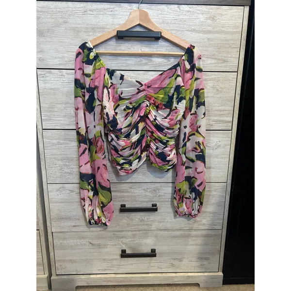 Abercrombie & Fitch Floral Ruched Smocked Long Sleeve Crop Top Pink Green Medium - Image 2