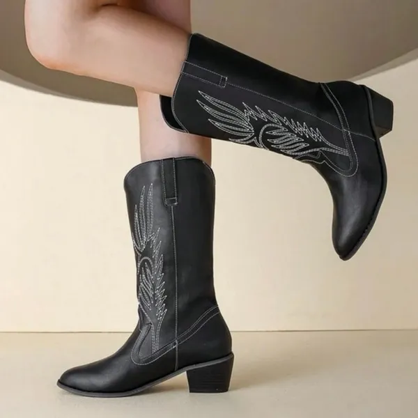 Women's 6.5 Western Cowboy cowgirl Boots Medium Heel black embroidered details - Image 3