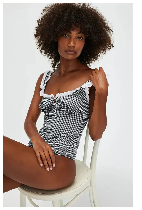 NEW Free People Cassie Gingham Ruffle Bodysuit Size Large - Image 13