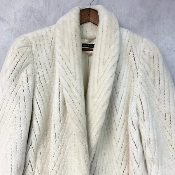 Vintage Womens Faux Fur Coat L/XL? Cream Chevron Shawl Collar Mobwife Glam USA - Image 3