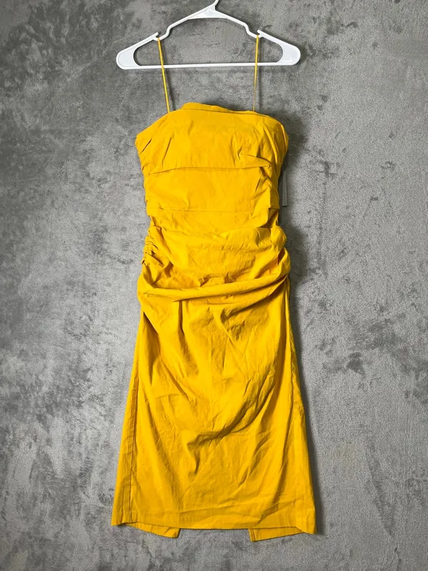 Anthropologie The Soleil Slim Strapless Ruched Dress Mango Yellow Size SP New - Image 2