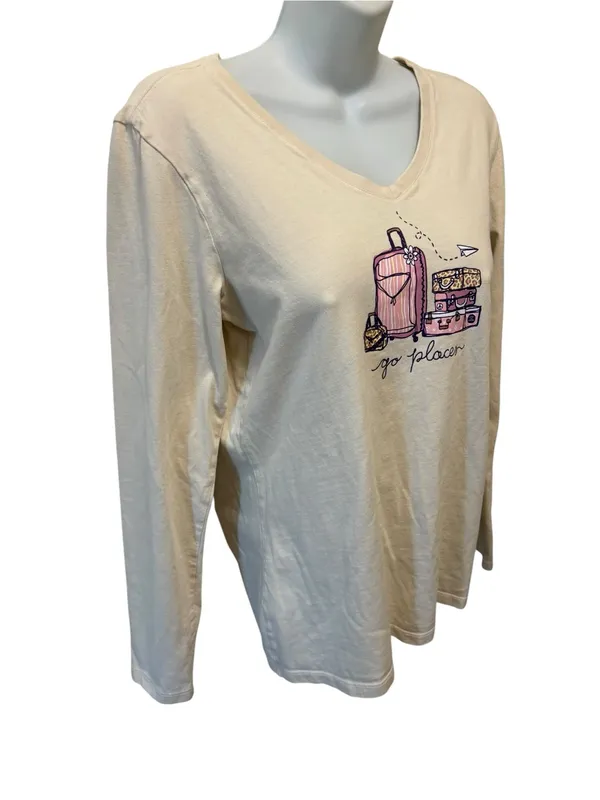 Life is Good Go Places Ivory V-Neck Long Sleeve Crusher Tee Sz M 100% Cotton - Image 2