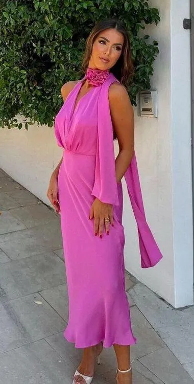 Zara maxi dress pink satin effect floral tie scarf wedding party cocktail - Image 15