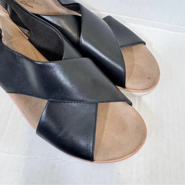 Clarks Black Leather Strappy Wedge Sandals Womens 10 Comfort Shoes Beachy Summer - Image 8