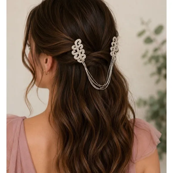 Pink Pewter Brenda Silver Beaded Hair Jewelry Bridal Boho Accent - Image 4