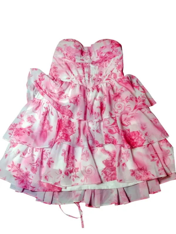 New Floral Pink Chiffon Strapless Tiered A Line Mini Prom Homecoming Formal Gown - Image 4