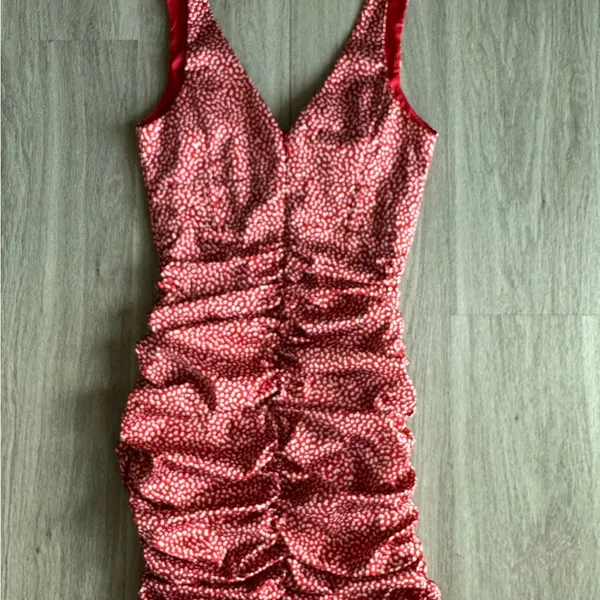 Oh Polly Red and White Print Ruched Mini Dress - Image 4