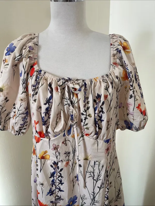 Women's Cream Floral Maxi Dress with Puff Sleeves - Image 2