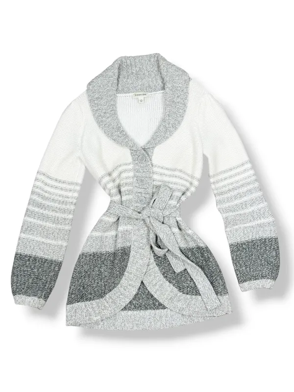 St. John's Bay Stripe Colorblock Shawl Collar Belted Cardigan Sweater Grey White - Image 12