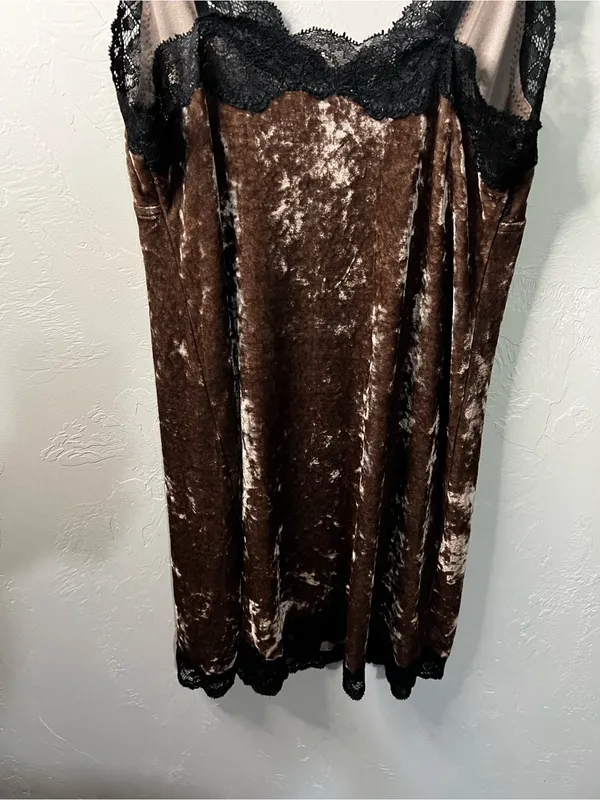 Arianne Vintage 90s Chocolate Brown Velvet Black Lace Slip Mini Dress - Image 8