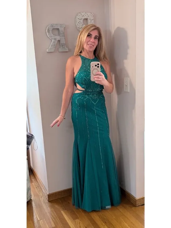Y2K Sean Collection Beaded Teal Green Cutout Mermaid Trumpet Gown Sz 6 - Image 3