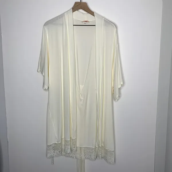 Eberjey Rosalia Tencel Modal Ivory Robe Lace Tie Womens Small - Image 2