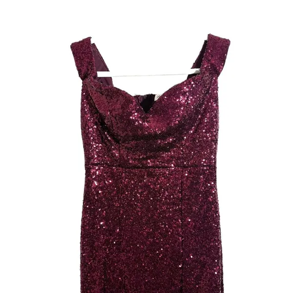 Emerald Sundae Juniors Sz 9 Burgundy Off Shoulder Sequin Full Formal Dress - Image 2