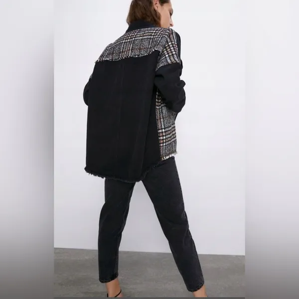 ZARA Contrast Black Denim & Tweed Plaid Mix Snaps Outer Jacket Shaket Size Large - Image 7