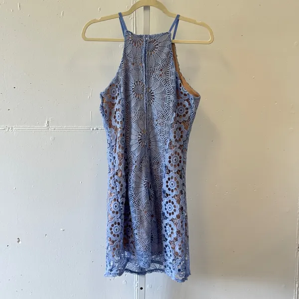 Francesca's Blue Crochet Lace Halter Mini Dress Garden Party Medium Cocktail - Image 2