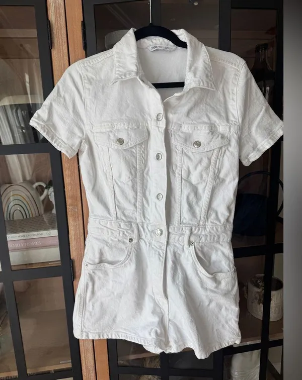 Zara denim playsuit romper button up utility short sleeves white cream collar - Image 5