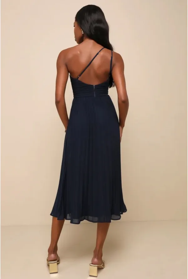NWT Lulus Wondrous Muse Navy Blue Pleated One-Shoulder Midi Dress - Image 3