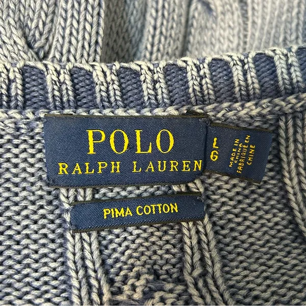 Polo Ralph Lauren Blue Cable Knit Pima Cotton V-Neck Sweater Fisherman Preppy - Image 7