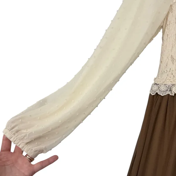 Tapenade Boho Lace‎ Chiffon Tiered Mini Dress Cream Brown L Cottage - Image 3