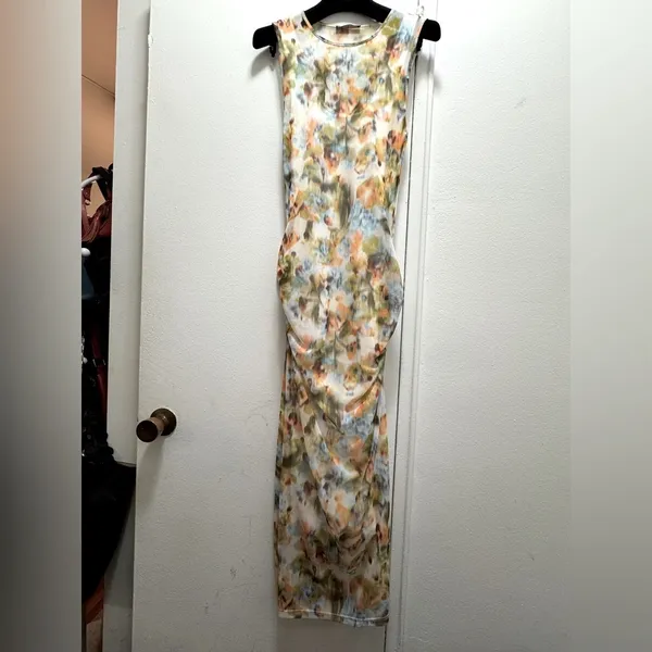 Zara Tulle Mesh Ruched Midi Abstract Colorful Watercolor Dress Small - Image 5
