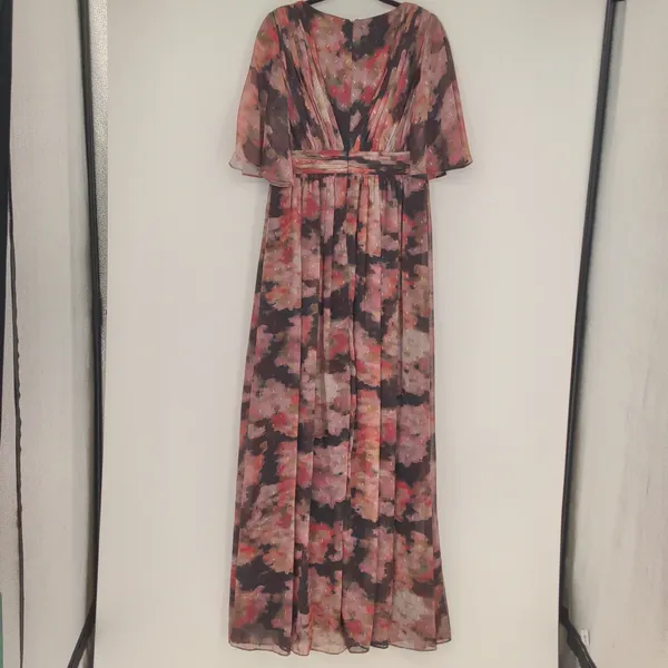 Adrianna Papell Womens Floral Chiffon Draped Gown Dress Size 8 Flowy Maxi V Neck - Image 12
