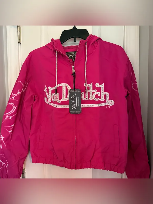 Von Dutch women’s Hot Pink Hooded Zip windbreaker Jacket with Logo med - Image 2