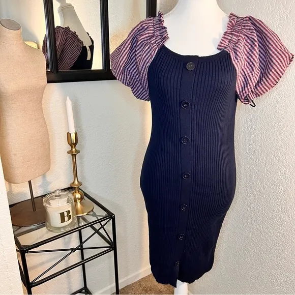 Maeve Anthropologie Ribbed Puff Sleeve Mini Dress Navy Gingham NWT‎ Size Small - Image 4