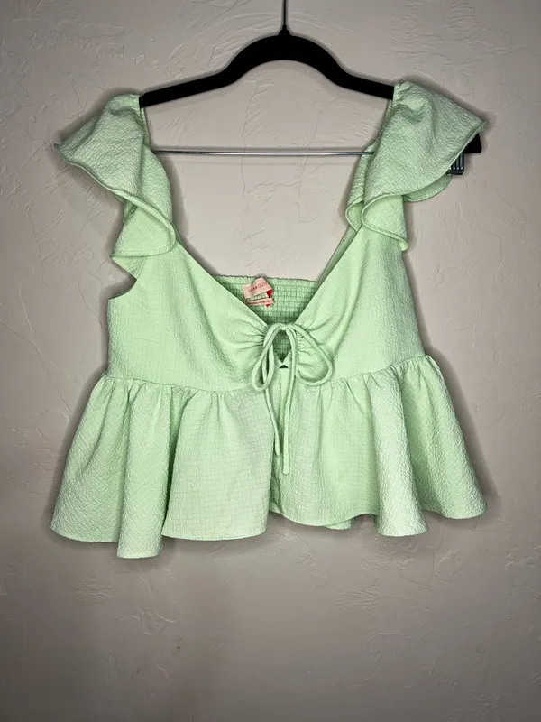 Urban Outfitters Keyhole Babydoll Ruffle Tie-Front Green Peplum‎ Crop Top - Image 2