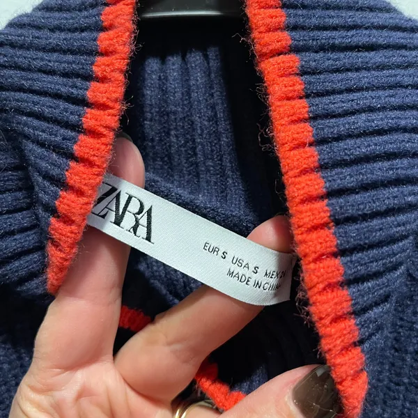 Zara Striped Mock Neck Sweater Womens Small Navy Blue Red Trim‎ Nautical Ribbed - Image 5