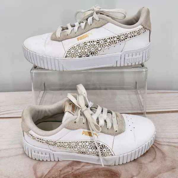 Puma Carina 2.0 Laser Cut Flowers Sneakers White Gold Logos Athletic Feminine 7 - Image 2