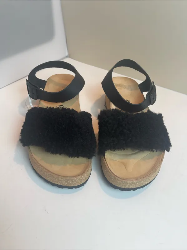 NWT Papillio by Birkenstock Black Shearling Platform Wedge Sandals Size 39 / 8 - Image 9