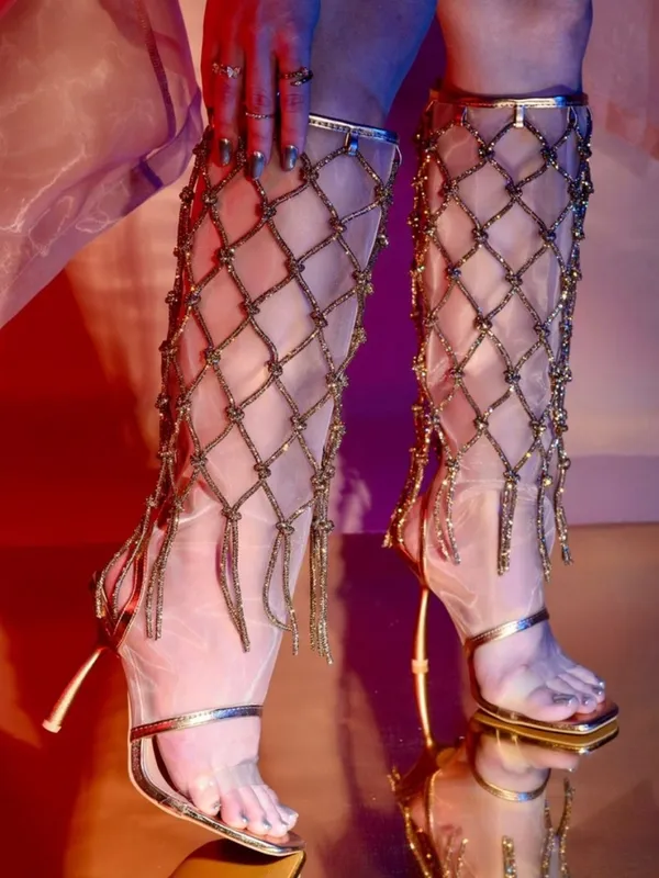 Cape Robbin Metallic Rose Gold Net Knee-High Stiletto Boots - Image 3