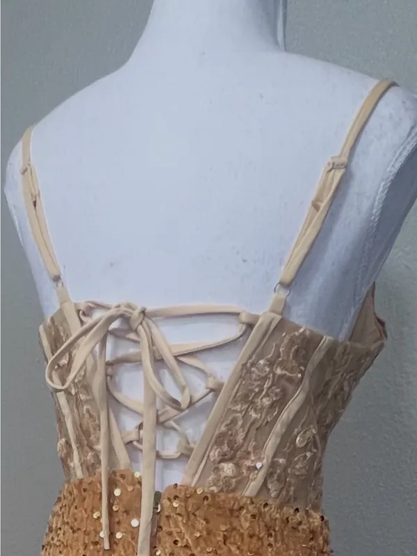 #15-14 Gold Velvet Bustier sequins embroidered appliqué long dress-Small/Size 4 - Image 7