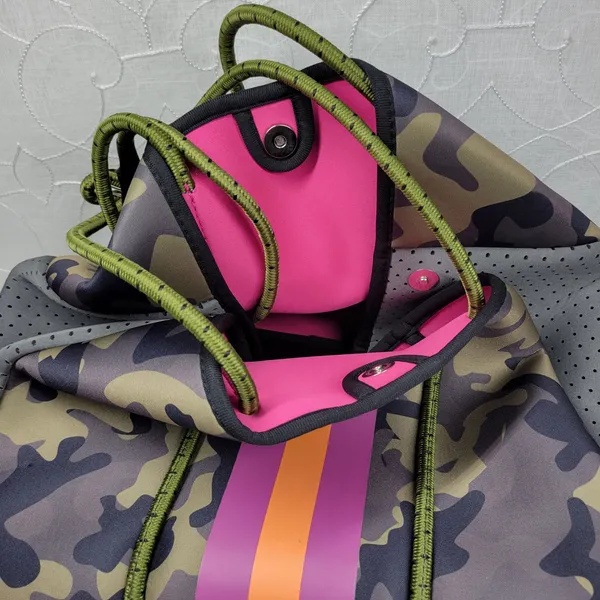 Haute Shore Camo Neoprene Tote Bag Pink Orange Stripe w/ Cosmetic Bag Gym Beach - Image 15
