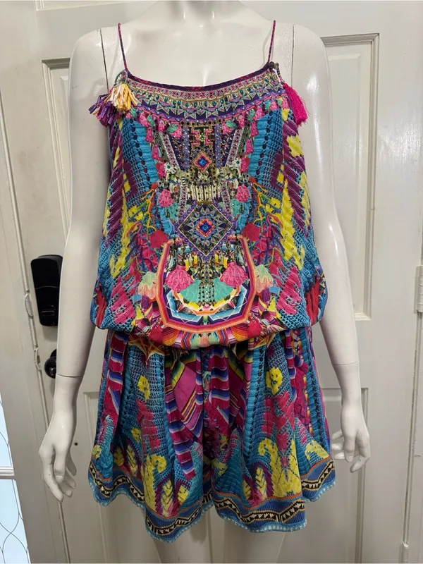 Camilla Pastel Floral Ikat Embroidered Top in Pink, Blue, Purple Size Medium - Image 3