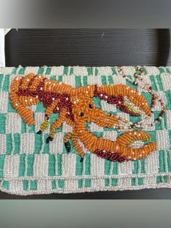 Handcrafted Lobster Crawfish Beaded shoulder Bag Checked stripped Sparkly NWT - Image 3