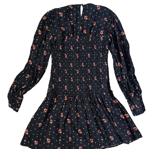 Free People Two Faces Smocked‎ Printed Mini Dress Black Combo Size Large - Image 9