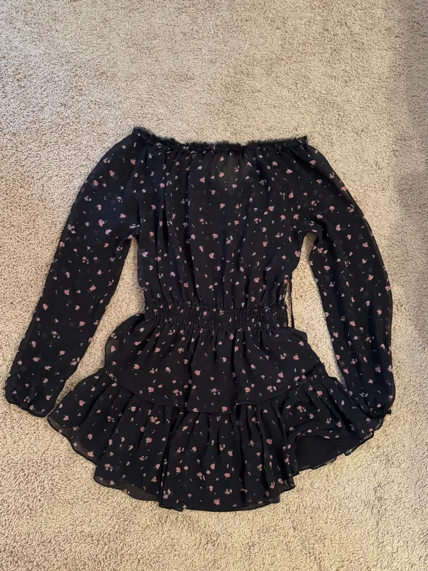 Love Shack Fancy Black And Pink Floral Mini Dress with Ruffles - Image 5