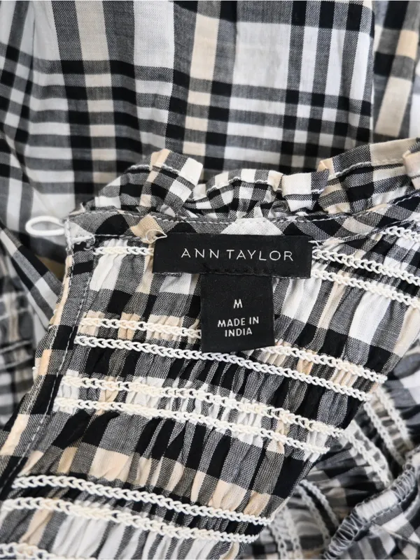 Ann Taylor Women's M Black White Plaid 3/4 Sleeve Smocked Top - Image 8