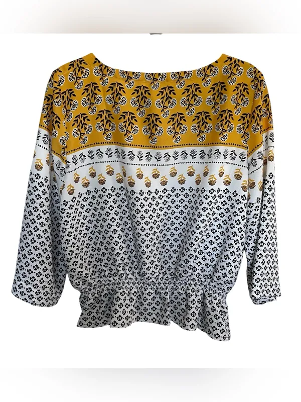 Ann Taylor Floral Border Print Peplum Blouse Mustard White Women Size Medium - Image 6