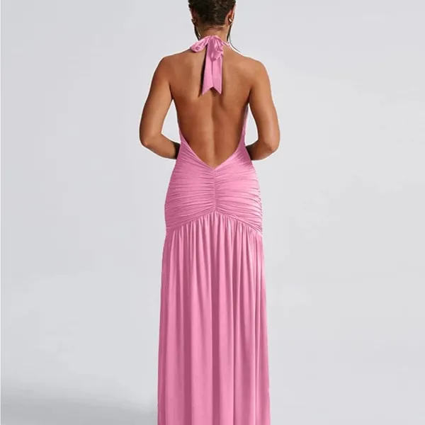 Ekaliy Women'sHalter Deep V Neck Maxi Backless High Slit Ruched Dress XL NWT - Image 2