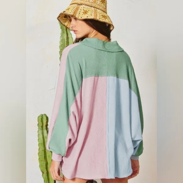Multicolor Pastel Pink Green Blue Colorblock Patchwork Ribbed Pullover Top Size M - Image 4
