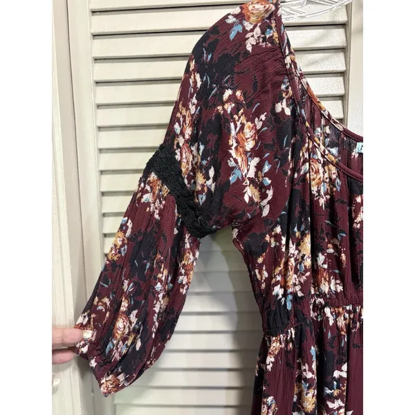 Nostalgia Floral Midi Dress‎ Size M 3/4 Crochet Sleeve Scoop Burgundy/Cream Boho - Image 3