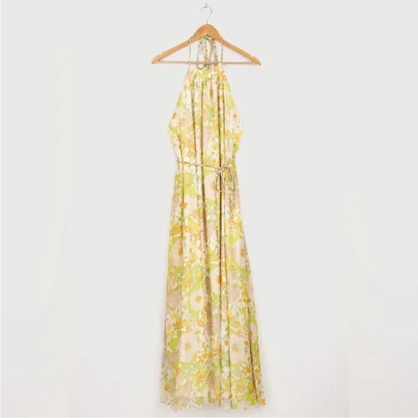 NWT Lulus Feeling Splendid Yellow and Green Floral Print Halter Maxi Dress L - Image 4