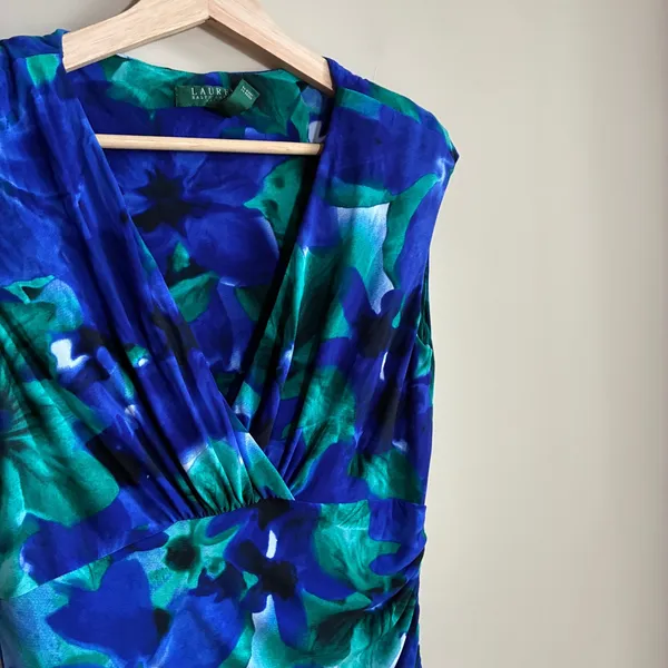 Lauren Ralph Lauren Floral Ruched Sheath Dress 6 Blue Green Womens Surplice - Image 2
